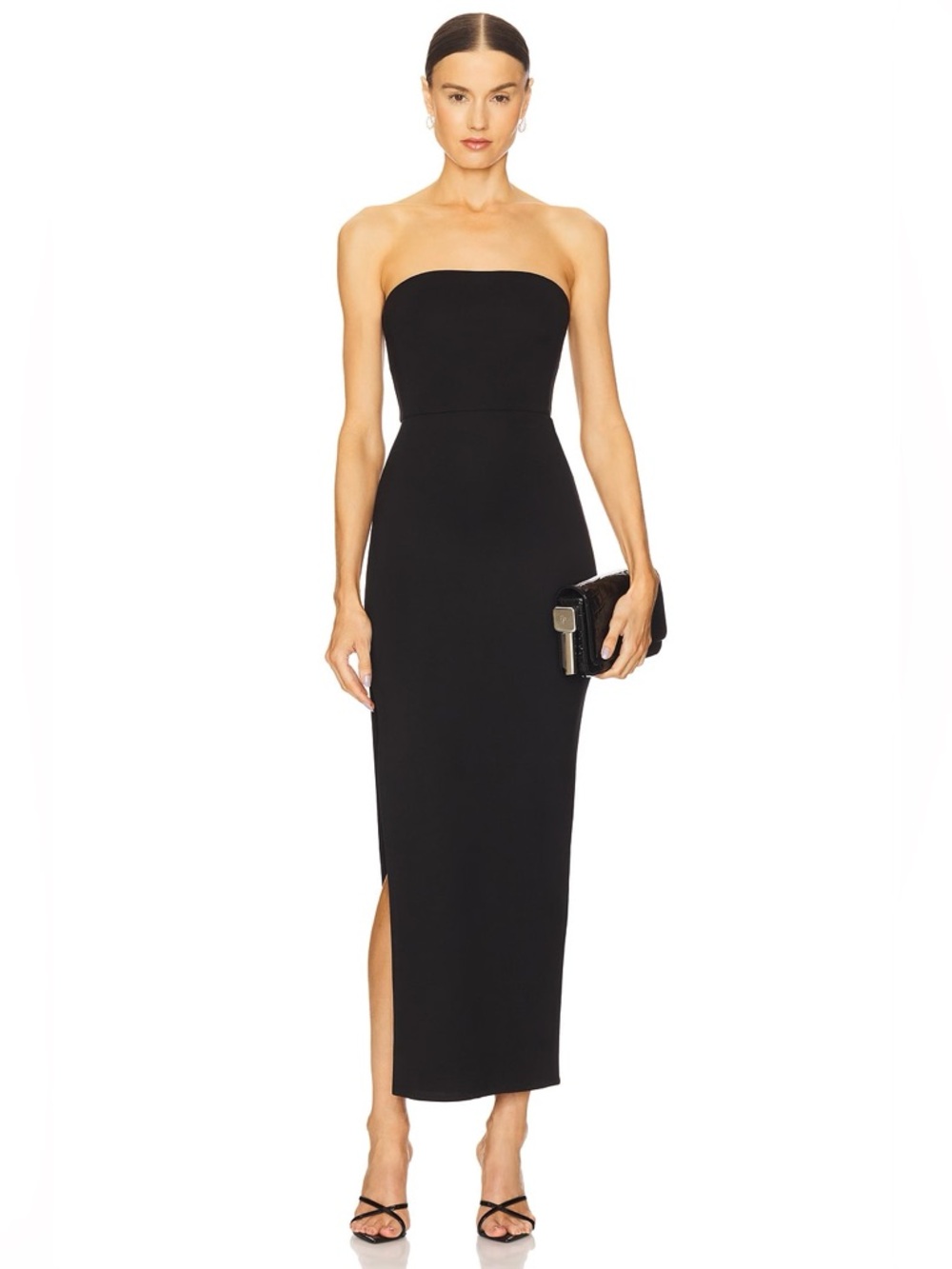 NBD Dream Gown in Black, Black Strapless Dress with Slit & Boning, Size XS